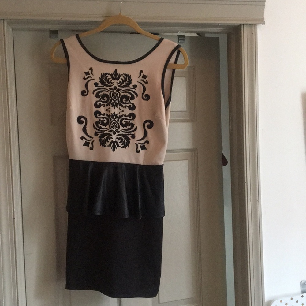 Beaded Nude & Black Leather Peplum Dress